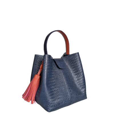 Lucia women's small leather bag in dark blue lizard