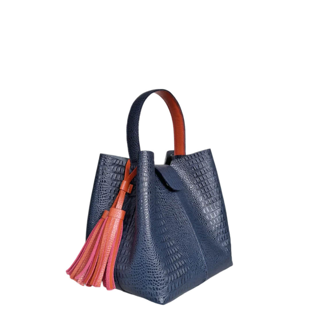 Lucia women's small leather bag in dark blue lizard