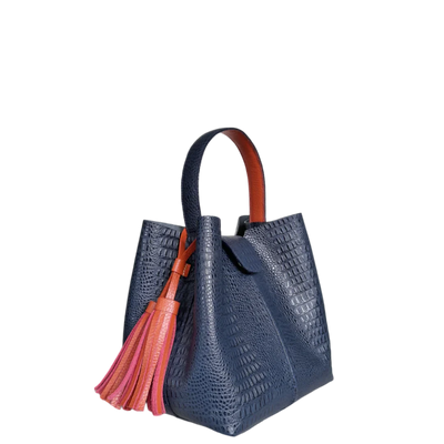 Lucia women's small leather bag in dark blue lizard