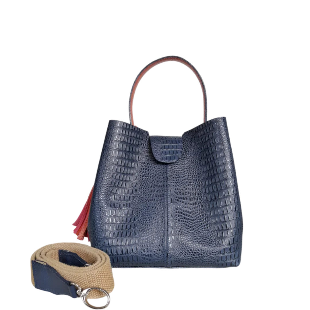 Lucia women's small leather bag in dark blue lizard