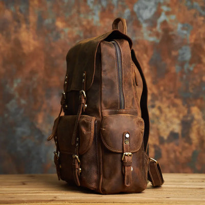 Rugged Genuine Leather Travel Backpack | Brown Large Capacity Daypack