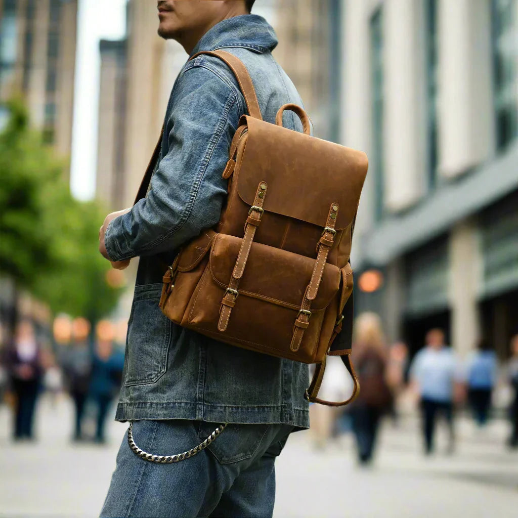 Rugged Genuine Leather Travel Backpack | Brown Large Capacity Daypack