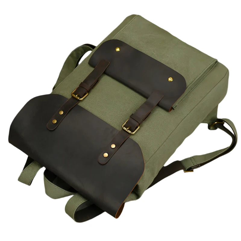 Genuine Leather & Canvas Rucksack | Vintage College Laptop Backpack